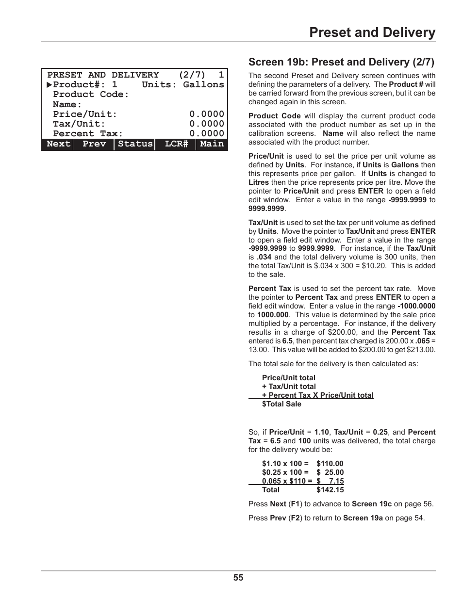 Preset and delivery, Screen 19b: preset and delivery (2/7) | Liquid Controls DMS Setup User Manual | Page 55 / 84