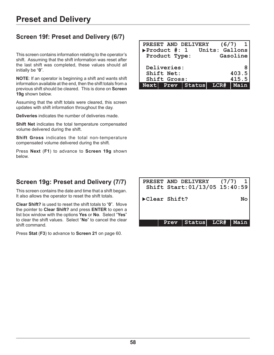 Preset and delivery, Screen 19f: preset and delivery (6/7), Screen 19g: preset and delivery (7/7) | Liquid Controls DMS Setup User Manual | Page 58 / 84