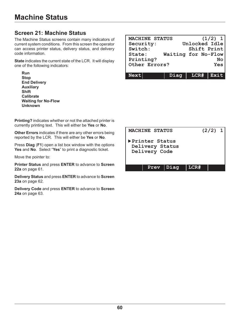 Machine status, Screen 21: machine status | Liquid Controls DMS Setup User Manual | Page 60 / 84