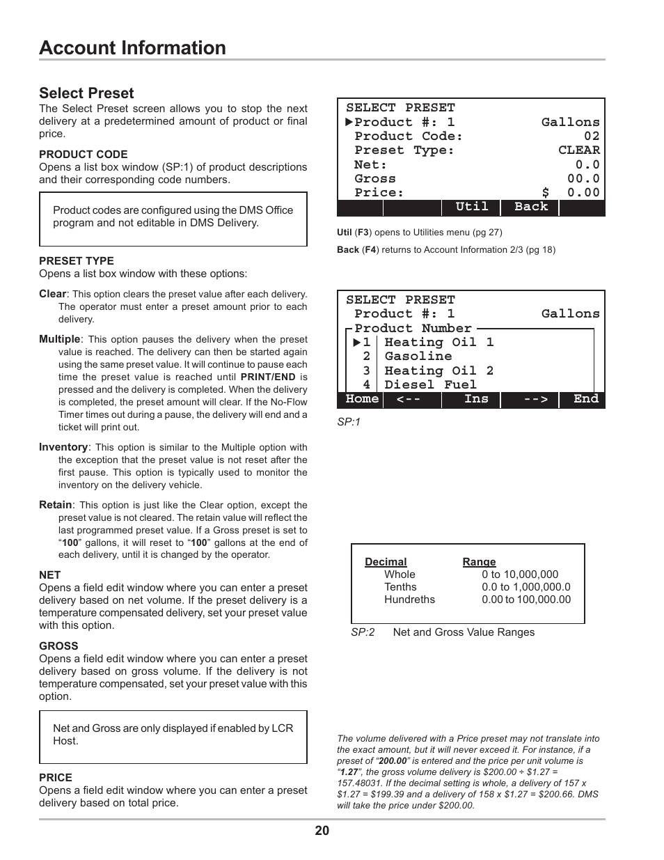 Account information, Select preset | Liquid Controls DMS Delivery User Manual | Page 20 / 52