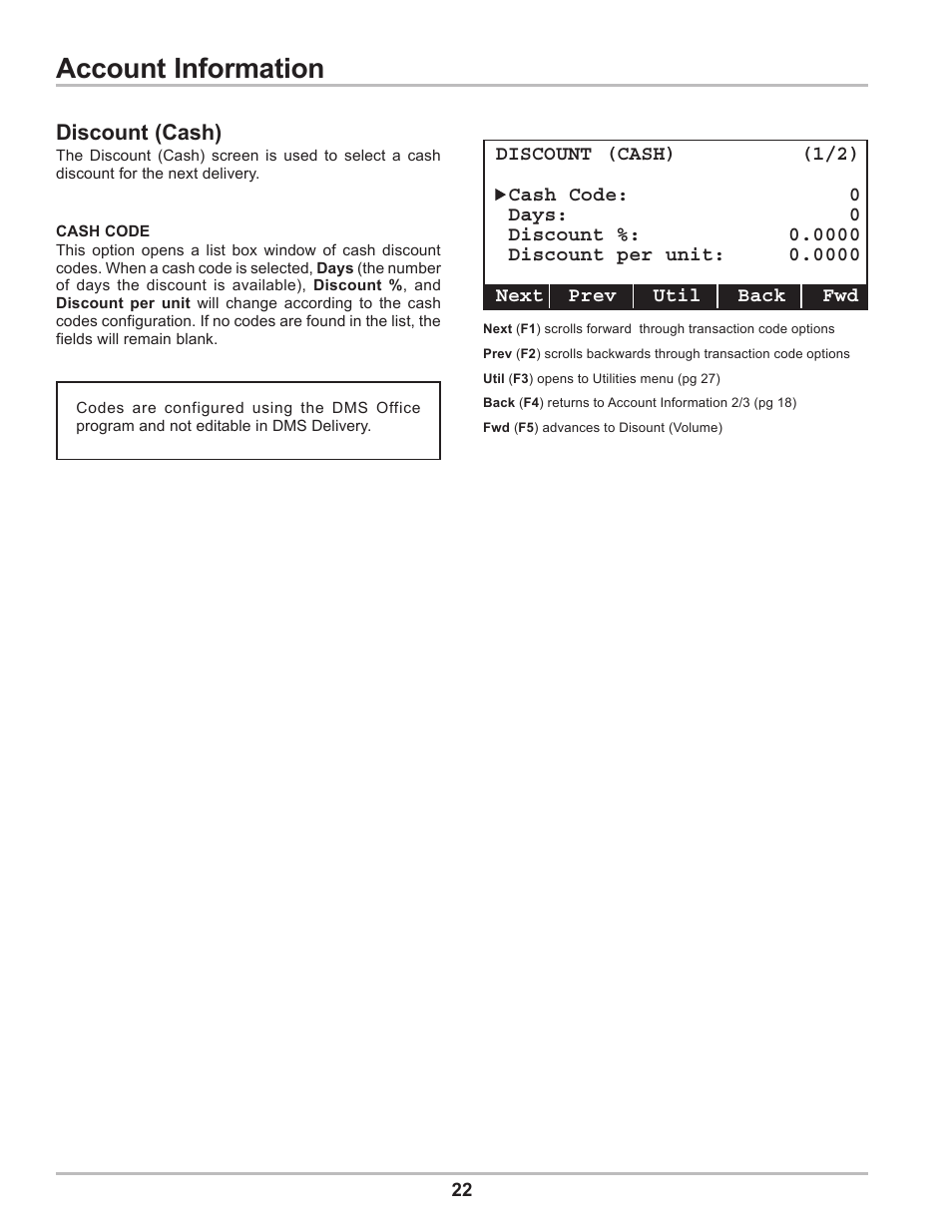 Account information, Discount (cash) | Liquid Controls DMS Delivery User Manual | Page 22 / 52