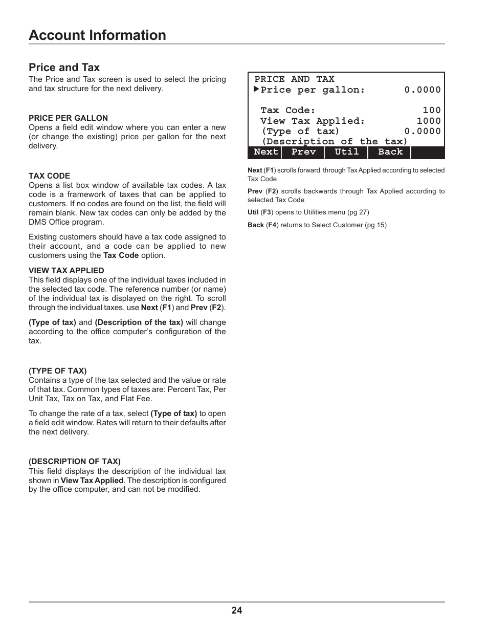 Account information, Price and tax | Liquid Controls DMS Delivery User Manual | Page 24 / 52