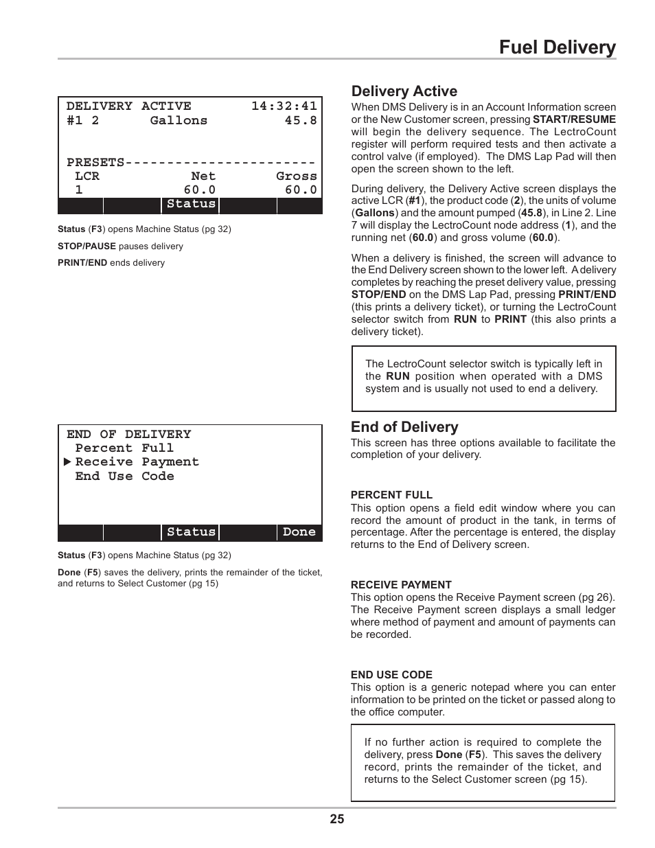 Fuel delivery, Delivery active, End of delivery | Liquid Controls DMS Delivery User Manual | Page 25 / 52