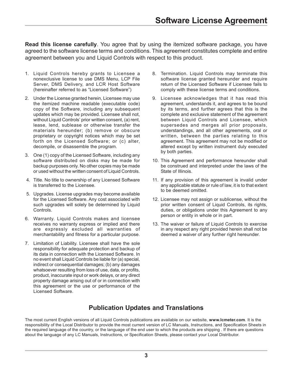 Software license agreement, Publication updates and translations | Liquid Controls DMS Delivery User Manual | Page 3 / 52