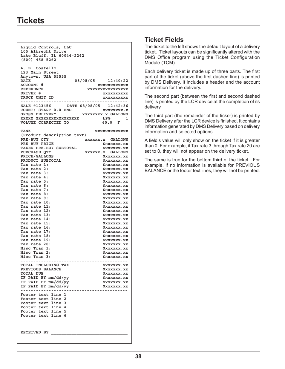 Tickets, Ticket fields | Liquid Controls DMS Delivery User Manual | Page 38 / 52