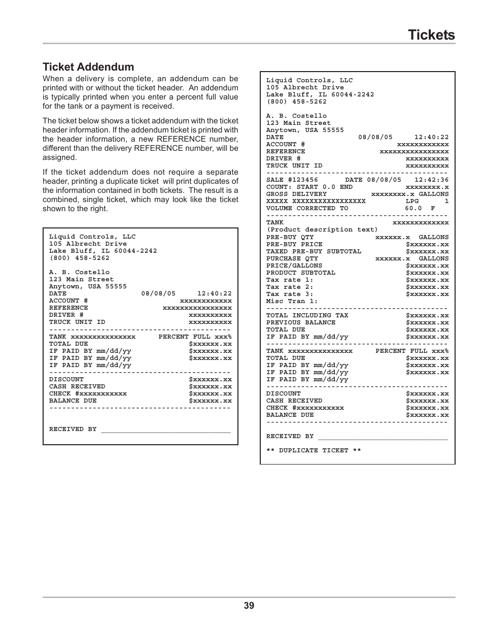 Tickets, Ticket addendum | Liquid Controls DMS Delivery User Manual | Page 39 / 52