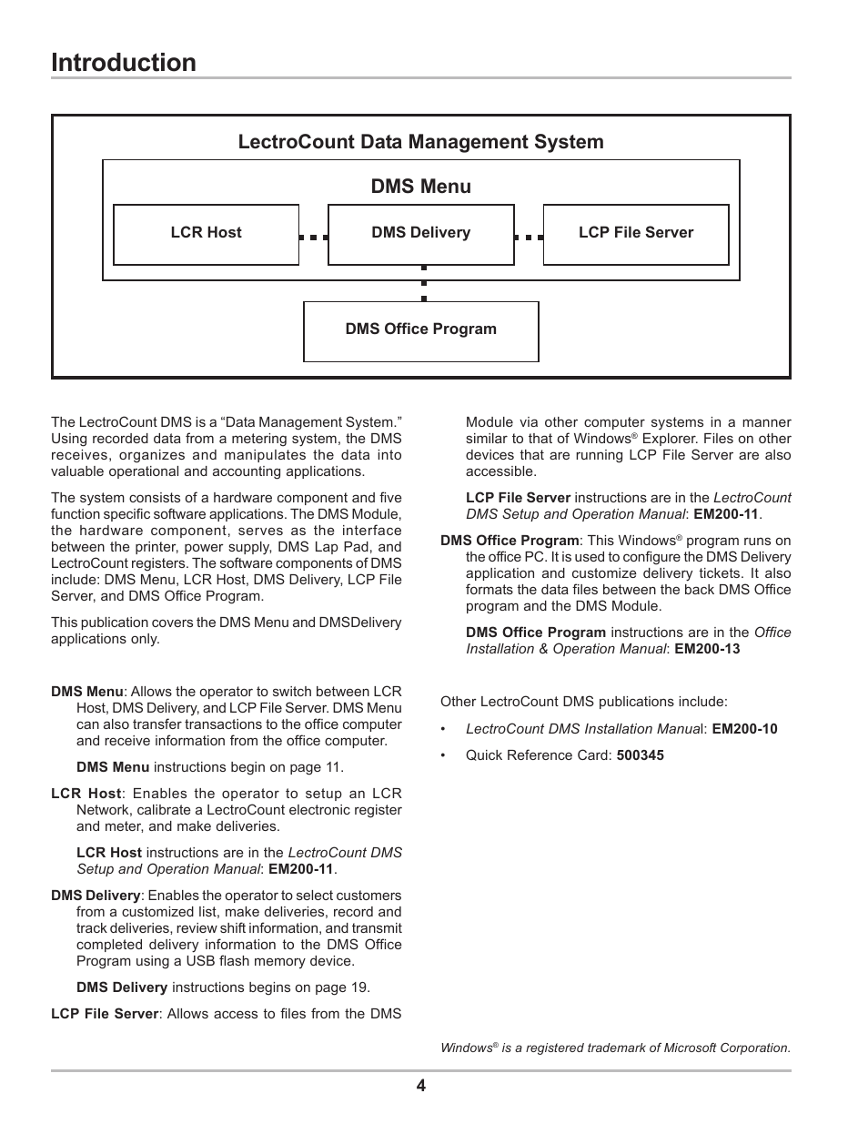 Introduction, Lectrocount data management system dms menu | Liquid Controls DMS Delivery User Manual | Page 4 / 52