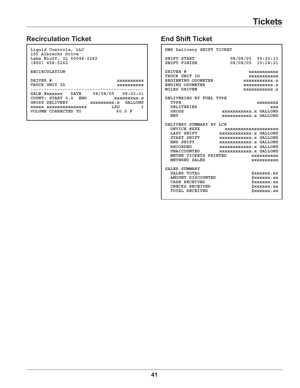 Tickets, Recirculation ticket, End shift ticket | Liquid Controls DMS Delivery User Manual | Page 41 / 52
