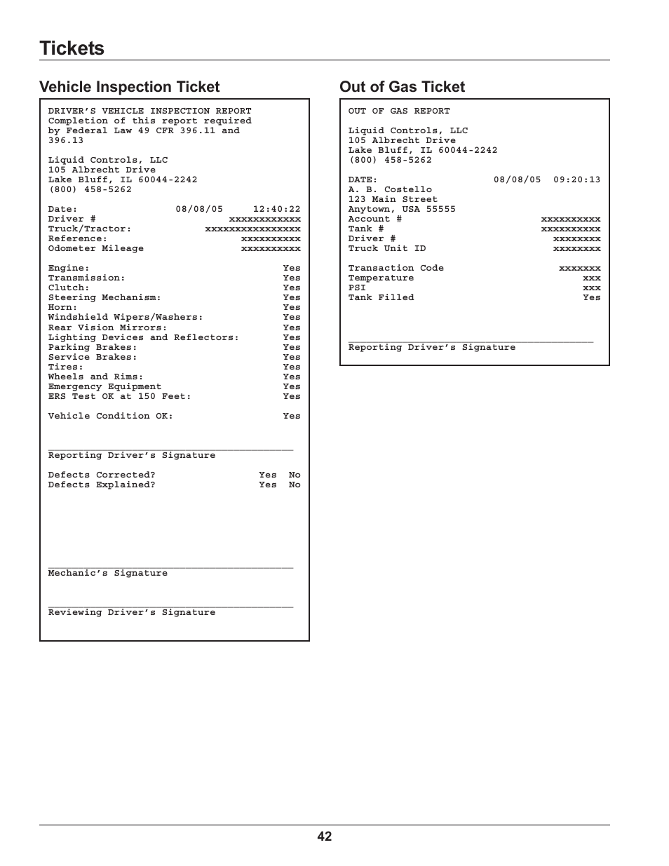 Tickets, Vehicle inspection ticket, Out of gas ticket | Liquid Controls DMS Delivery User Manual | Page 42 / 52