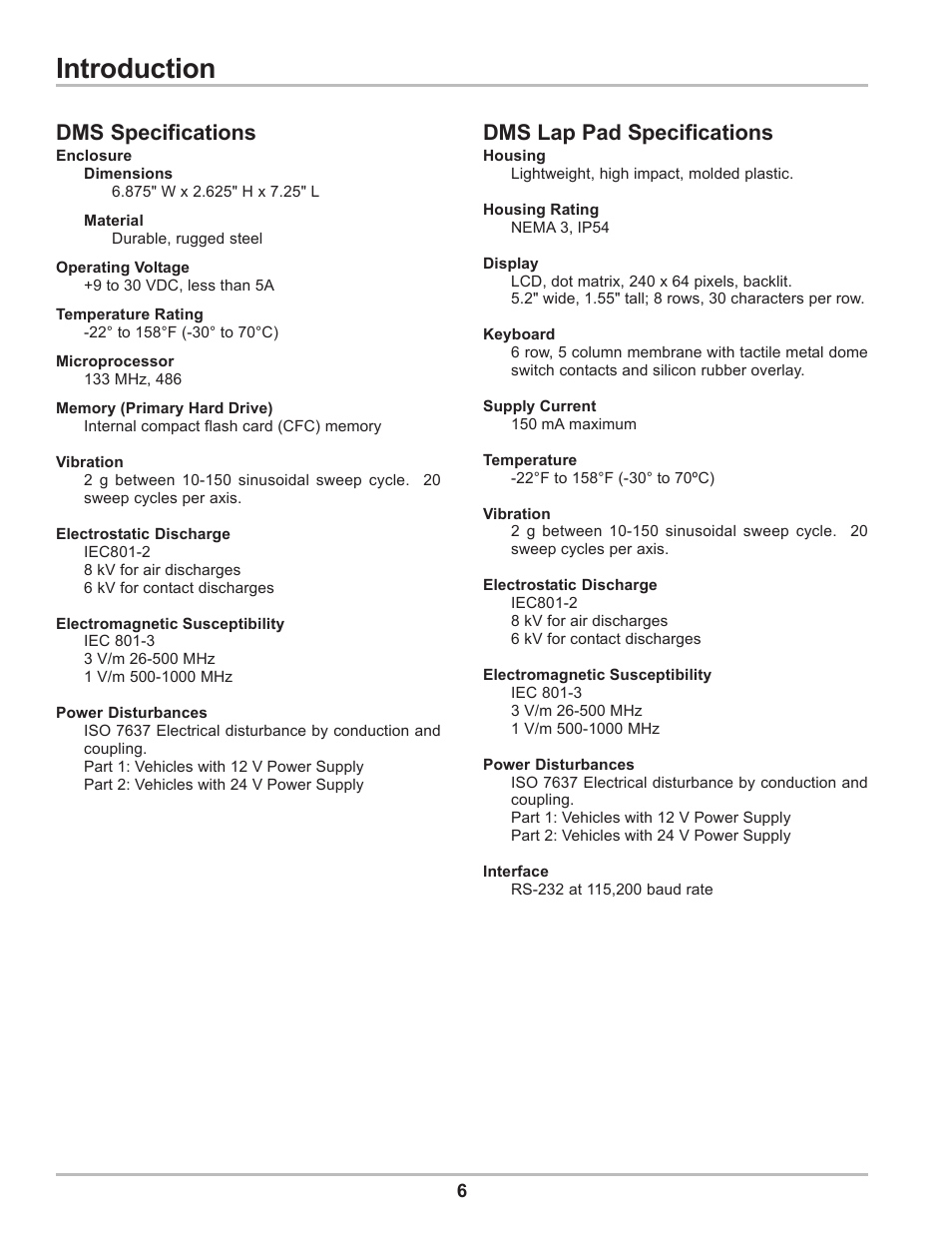 Introduction, Dms lap pad specifications, Dms specifications | Liquid Controls DMS Delivery User Manual | Page 6 / 52