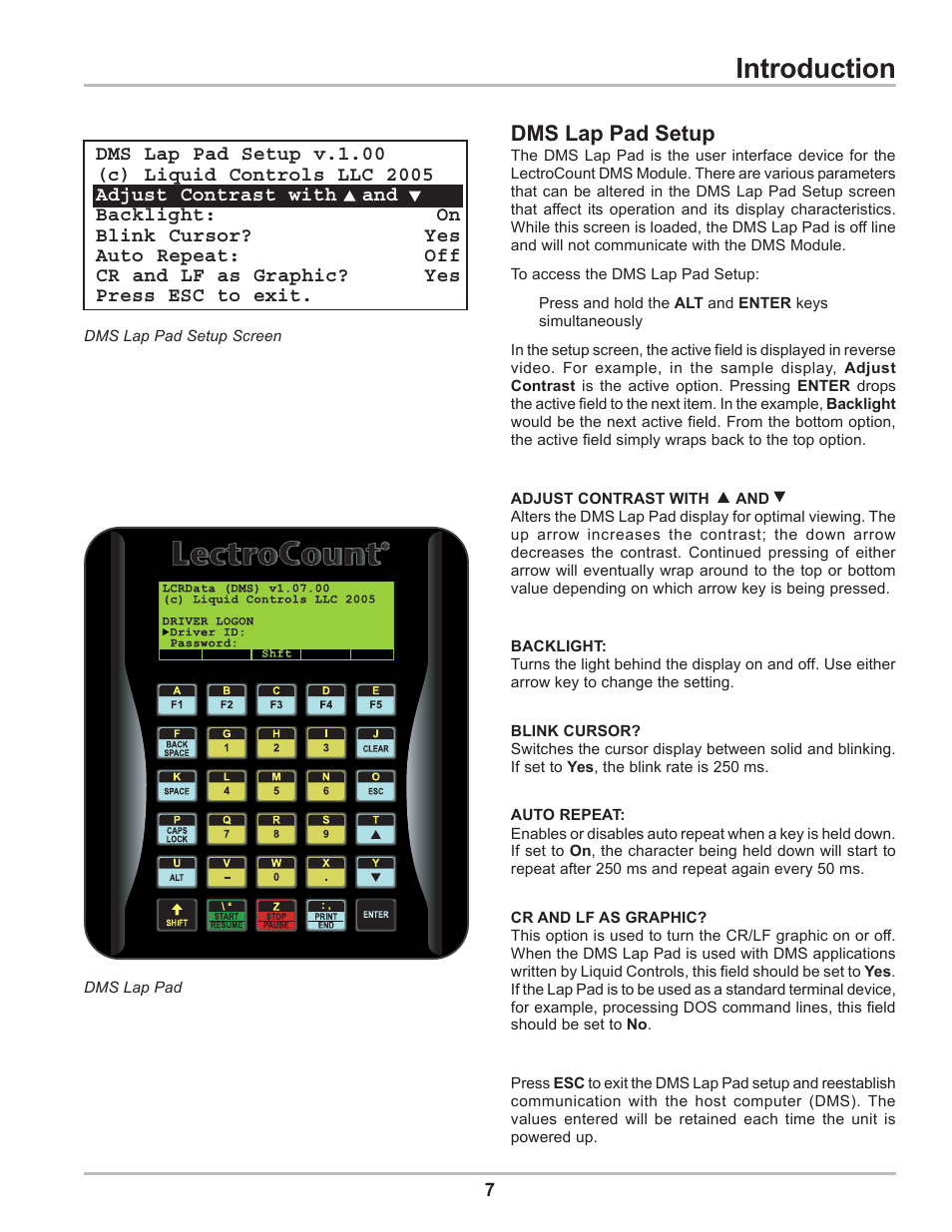 Introduction, Dms lap pad setup | Liquid Controls DMS Delivery User Manual | Page 7 / 52