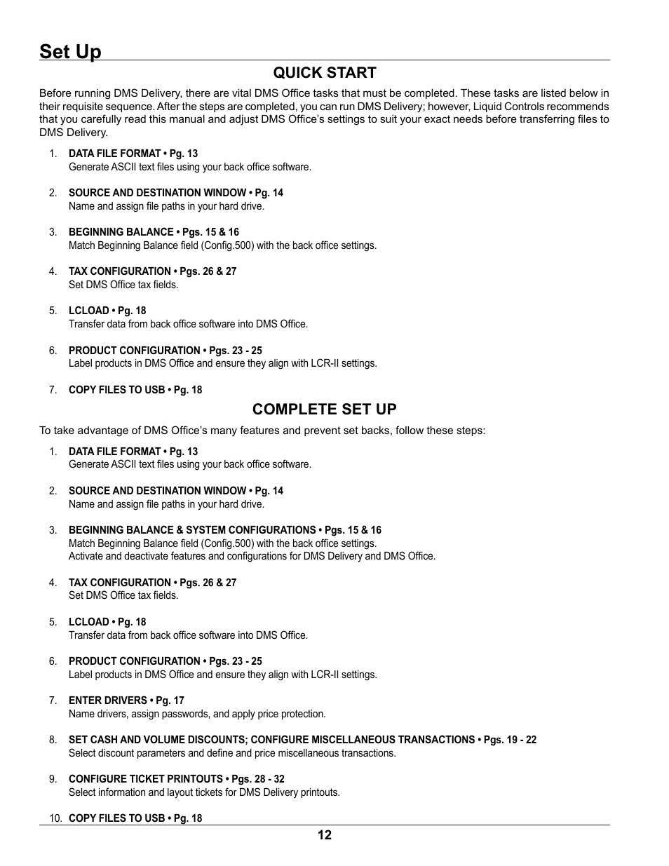 Set up, Quick start, Complete set up | Liquid Controls DMS Office User Manual | Page 12 / 52