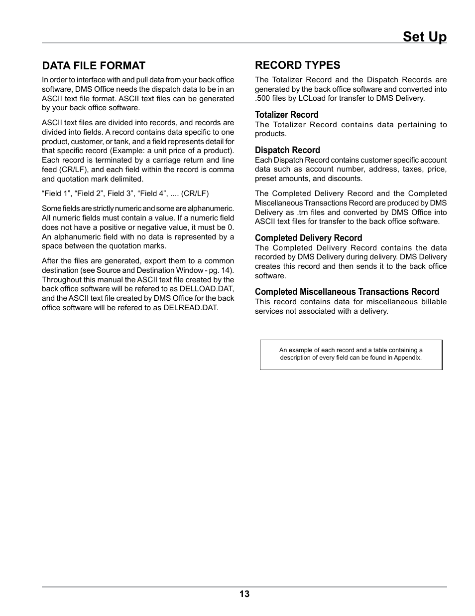 Set up, Data file format, Record types | Liquid Controls DMS Office User Manual | Page 13 / 52