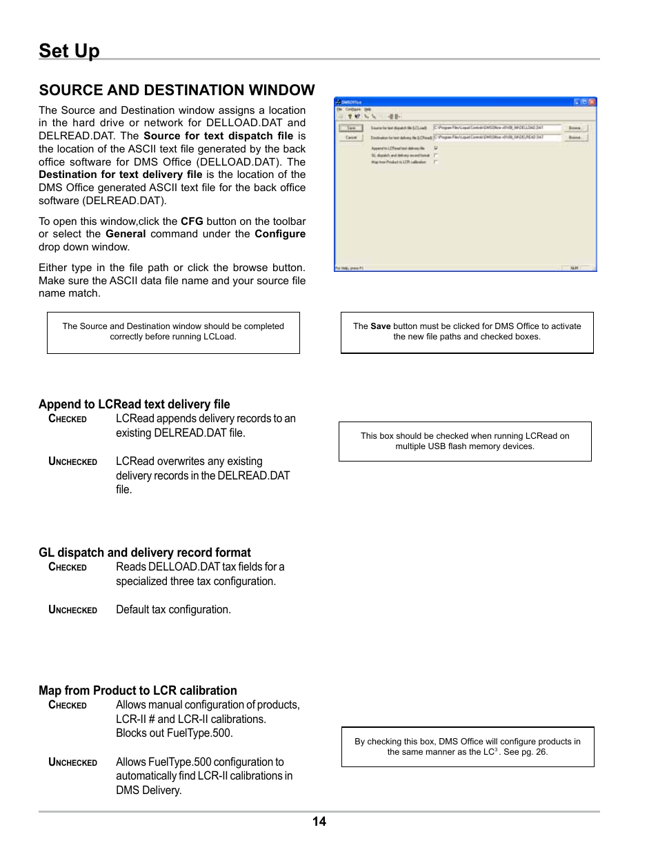 Set up, Source and destination window | Liquid Controls DMS Office User Manual | Page 14 / 52