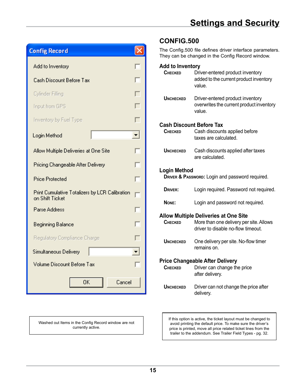 Settings and security, Config.500 | Liquid Controls DMS Office User Manual | Page 15 / 52