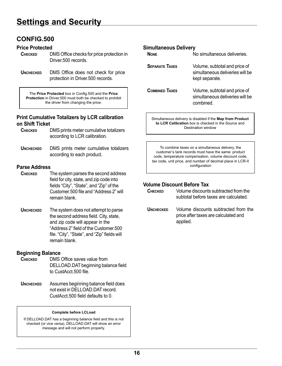 Settings and security, Config.500 | Liquid Controls DMS Office User Manual | Page 16 / 52