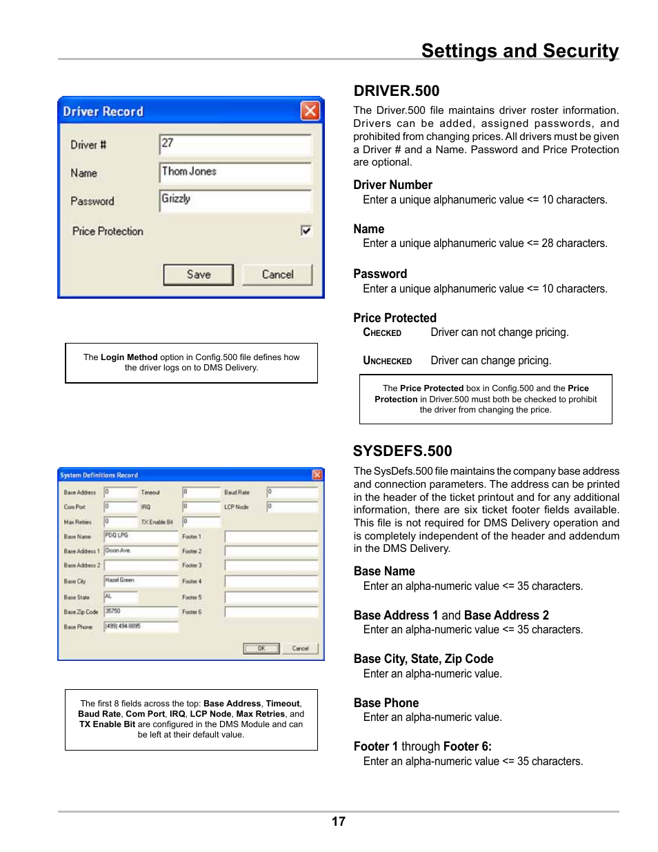 Settings and security, Driver.500, Sysdefs.500 | Liquid Controls DMS Office User Manual | Page 17 / 52