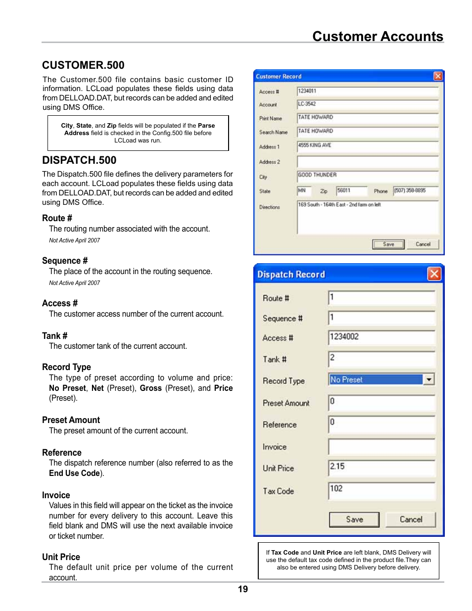 Customer accounts, Customer.500, Dispatch.500 | Liquid Controls DMS Office User Manual | Page 19 / 52