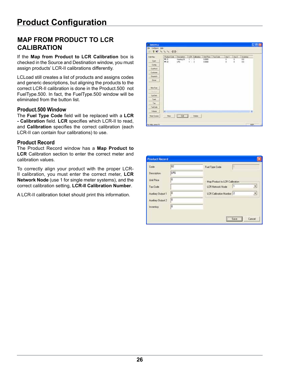 Product configuration, Map from product to lcr calibration | Liquid Controls DMS Office User Manual | Page 26 / 52