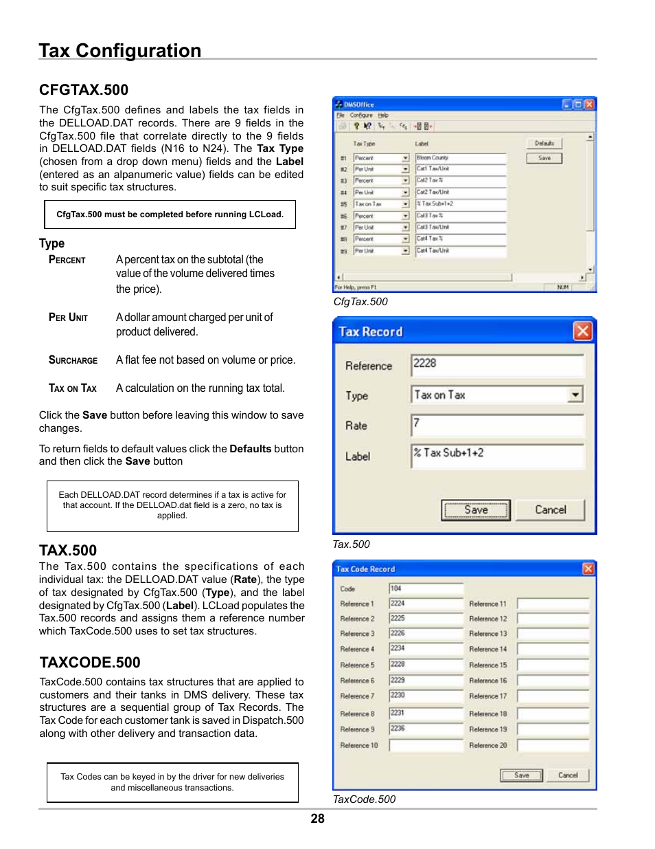 Tax configuration, Cfgtax.500, Tax.500 | Taxcode.500 | Liquid Controls DMS Office User Manual | Page 28 / 52