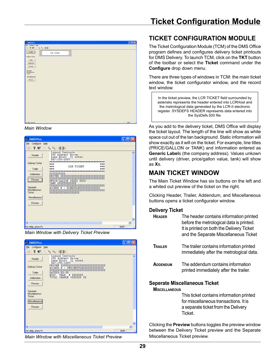 Ticket configuration module, Main ticket window | Liquid Controls DMS Office User Manual | Page 29 / 52