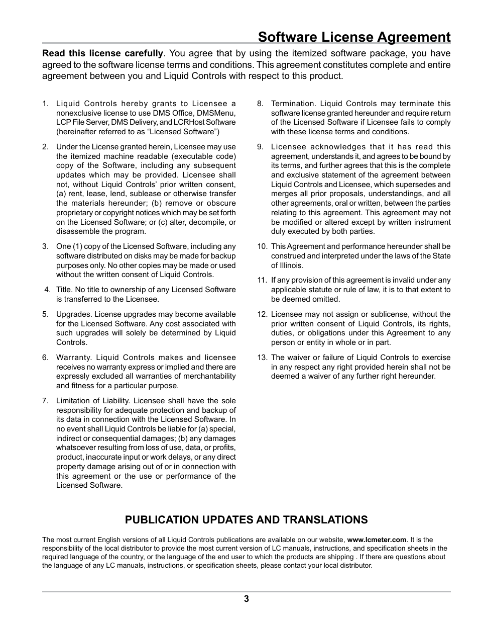 Software license agreement, Publication updates and translations | Liquid Controls DMS Office User Manual | Page 3 / 52