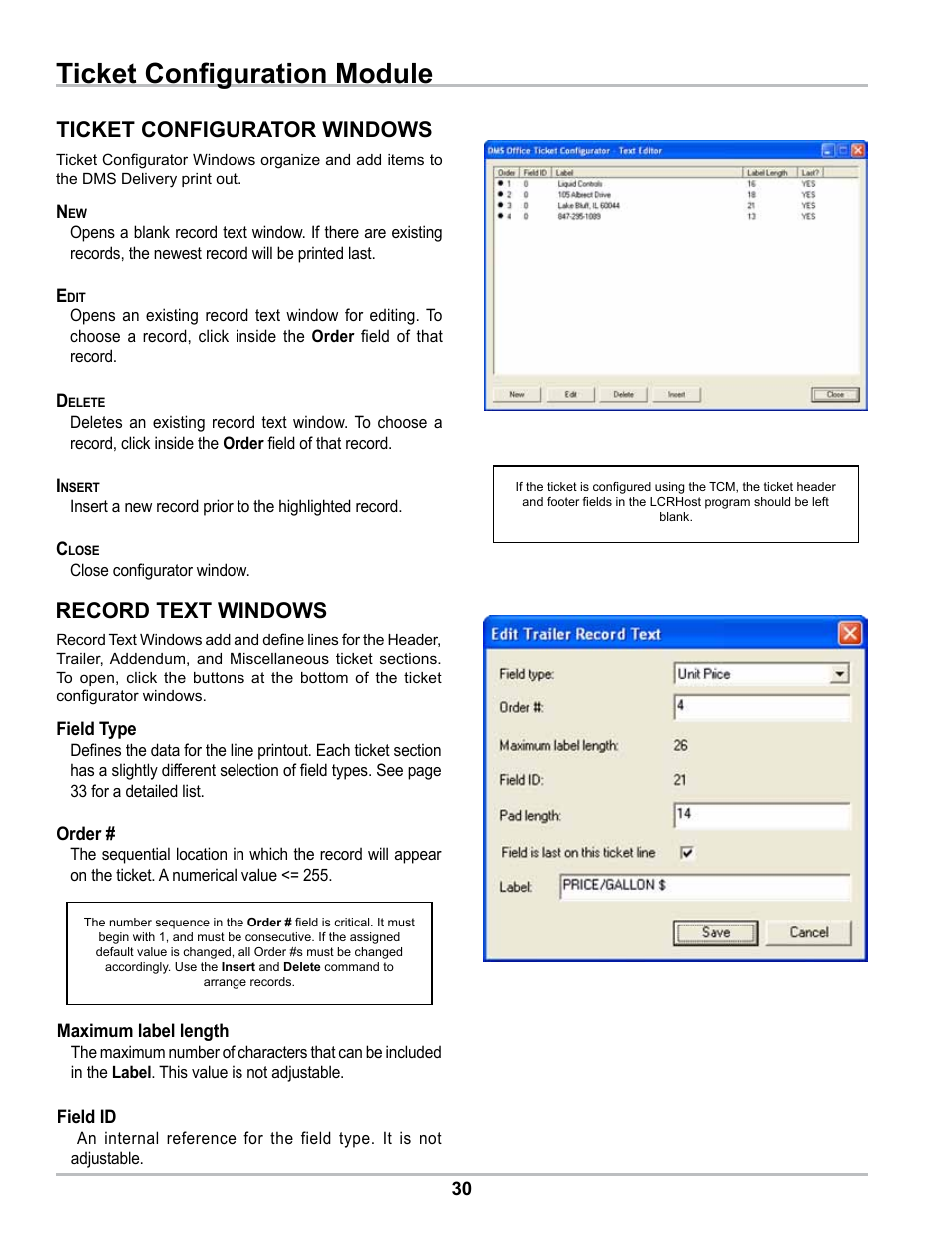 Ticket configuration module, Ticket configurator windows, Record text windows | Liquid Controls DMS Office User Manual | Page 30 / 52