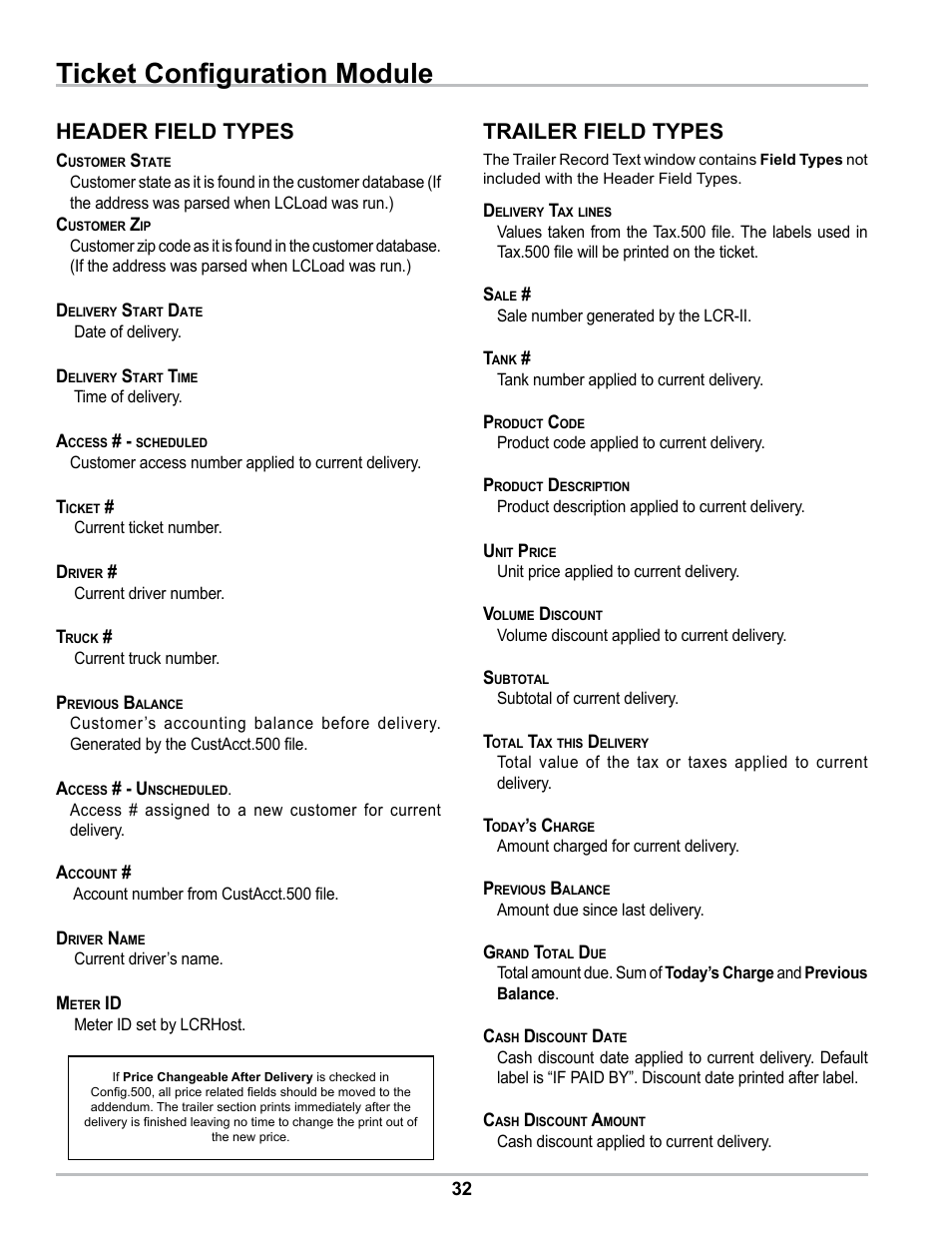 Ticket configuration module, Trailer field types, Header field types | Liquid Controls DMS Office User Manual | Page 32 / 52