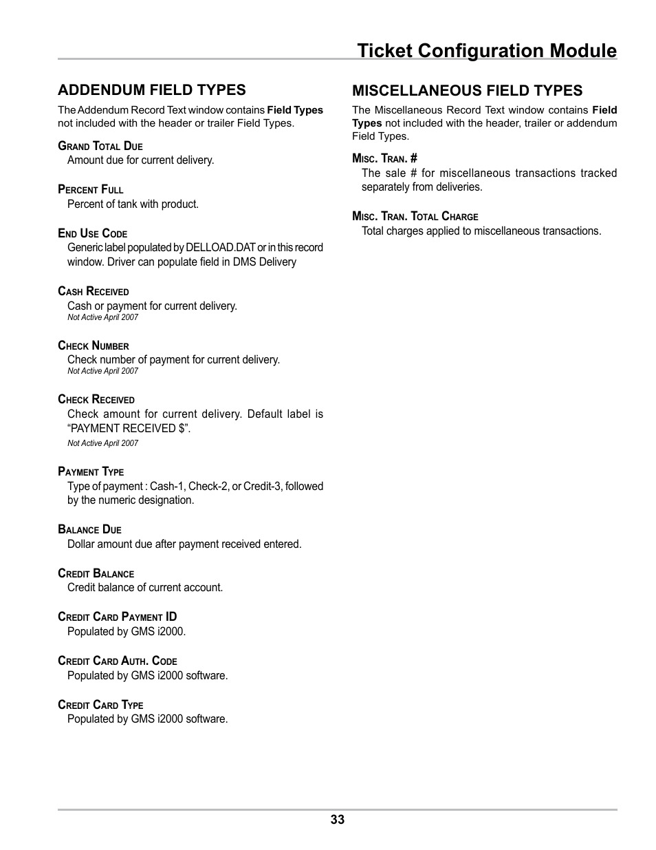 Ticket configuration module, Addendum field types, Miscellaneous field types | Liquid Controls DMS Office User Manual | Page 33 / 52