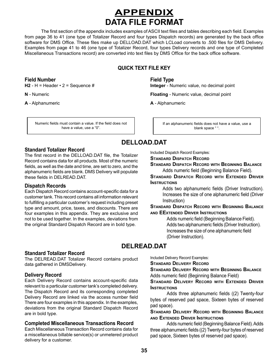 Appendix, Data file format, Delload.dat | Delread.dat | Liquid Controls DMS Office User Manual | Page 35 / 52