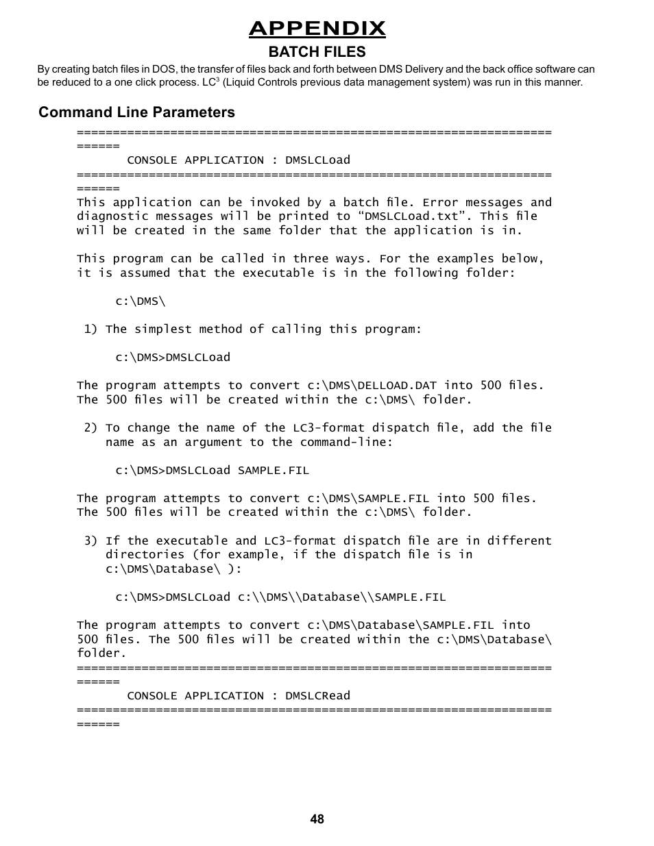 Appendix, Batch files, Command line parameters | Liquid Controls DMS Office User Manual | Page 48 / 52