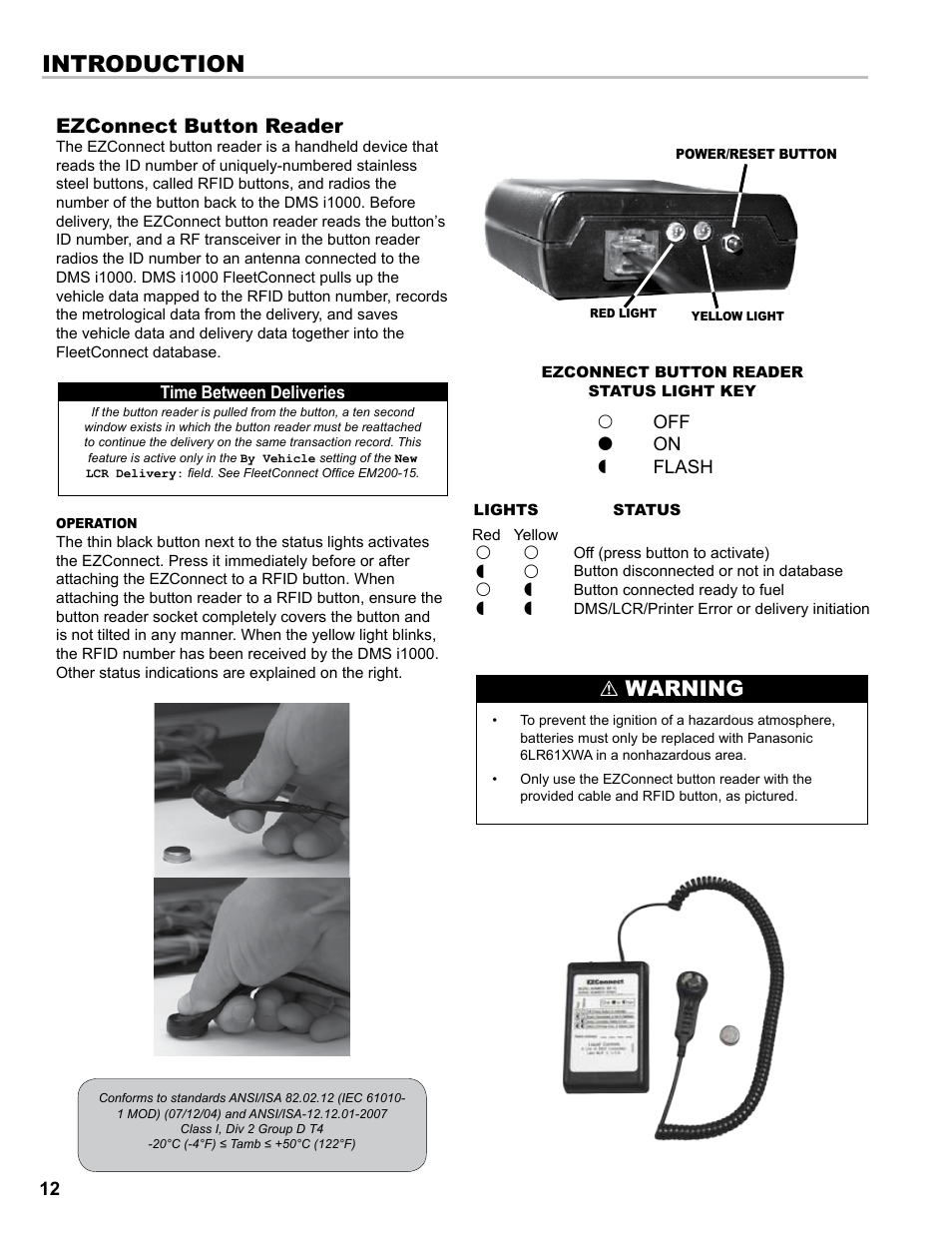 Introduction, Warning, Ezconnect button reader | Liquid Controls DMS i1000 EZConnect Operators User Manual | Page 12 / 36