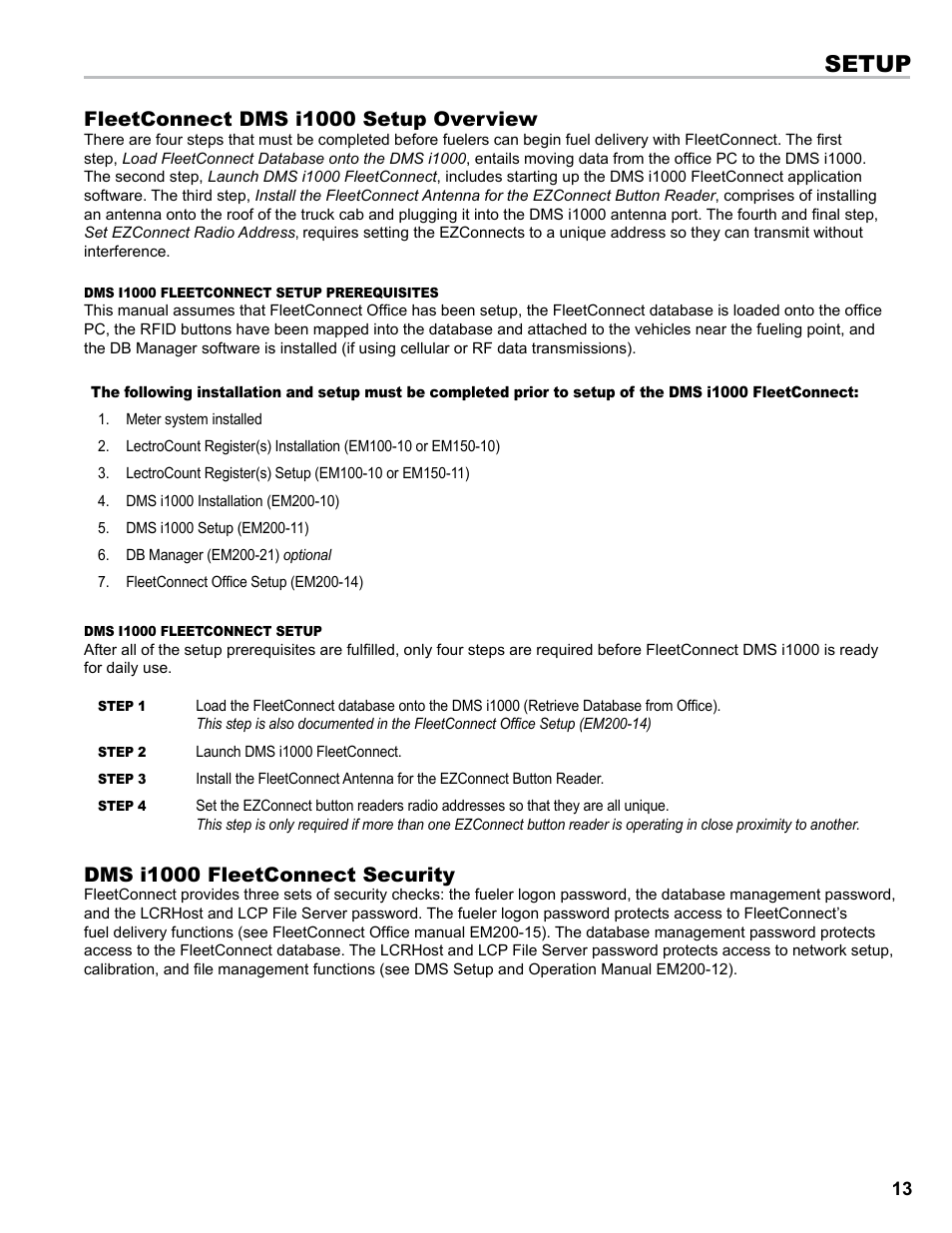 Setup, Fleetconnect dms i1000 setup overview, Dms i1000 fleetconnect security | Liquid Controls DMS i1000 EZConnect Operators User Manual | Page 13 / 36