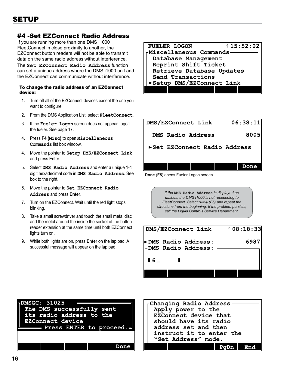 Setup, 4 -set ezconnect radio address | Liquid Controls DMS i1000 EZConnect Operators User Manual | Page 16 / 36