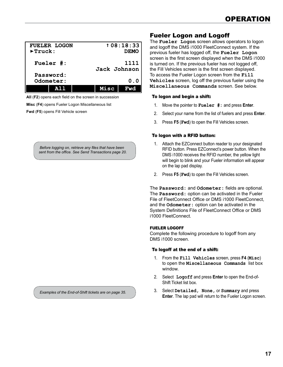 Operation, Fueler logon and logoff | Liquid Controls DMS i1000 EZConnect Operators User Manual | Page 17 / 36