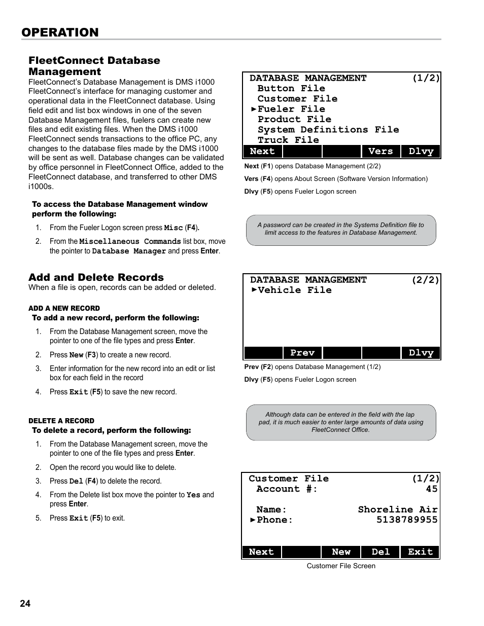 Operation, Fleetconnect database management, Add and delete records | Liquid Controls DMS i1000 EZConnect Operators User Manual | Page 24 / 36