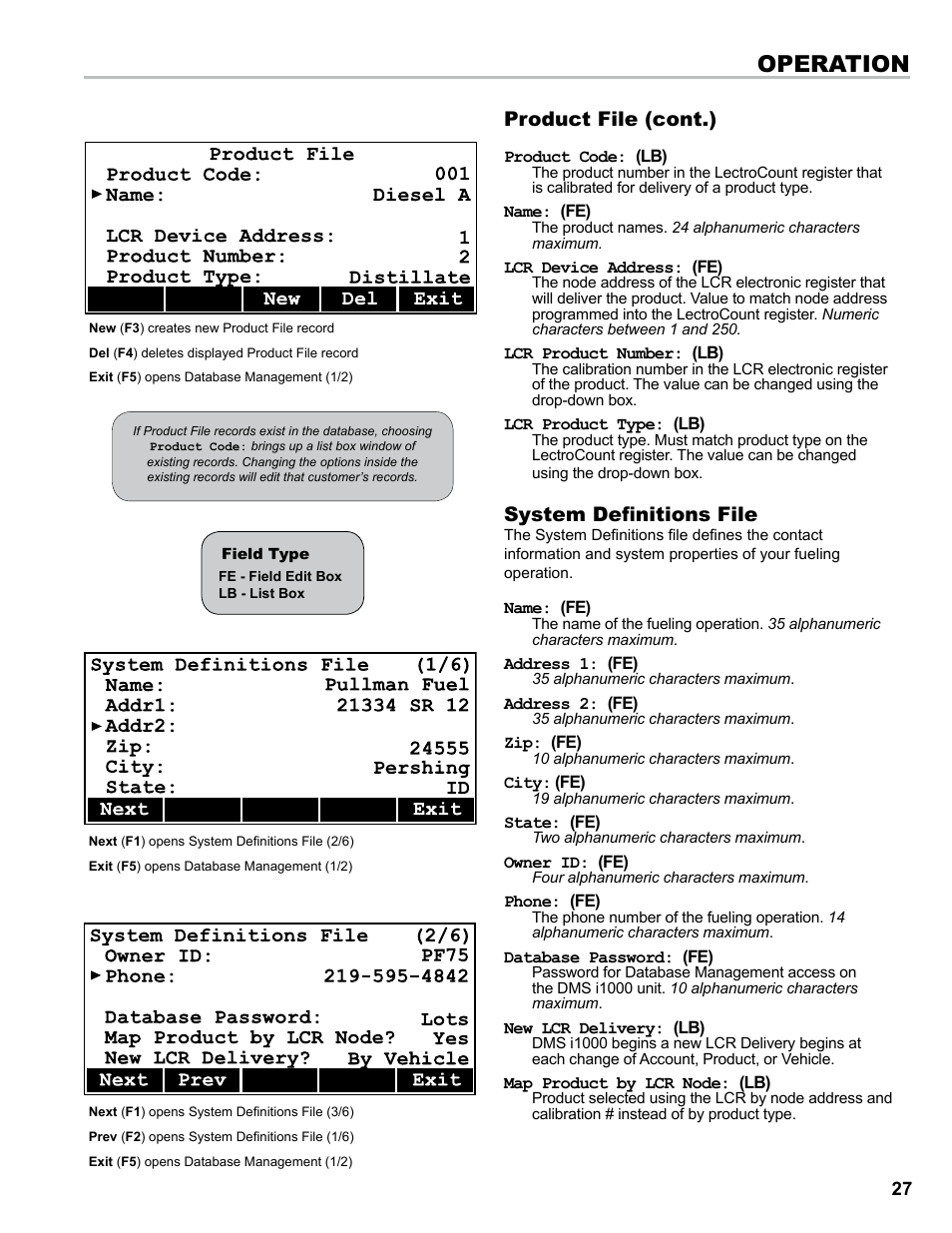 Operation, Product file (cont.), System definitions file | Liquid Controls DMS i1000 EZConnect Operators User Manual | Page 27 / 36