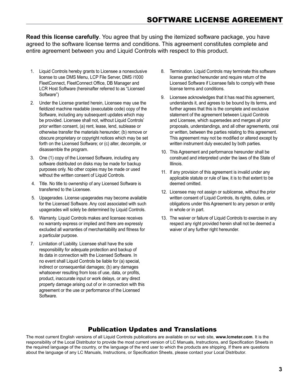 Software license agreement, Publication updates and translations | Liquid Controls DMS i1000 EZConnect Operators User Manual | Page 3 / 36