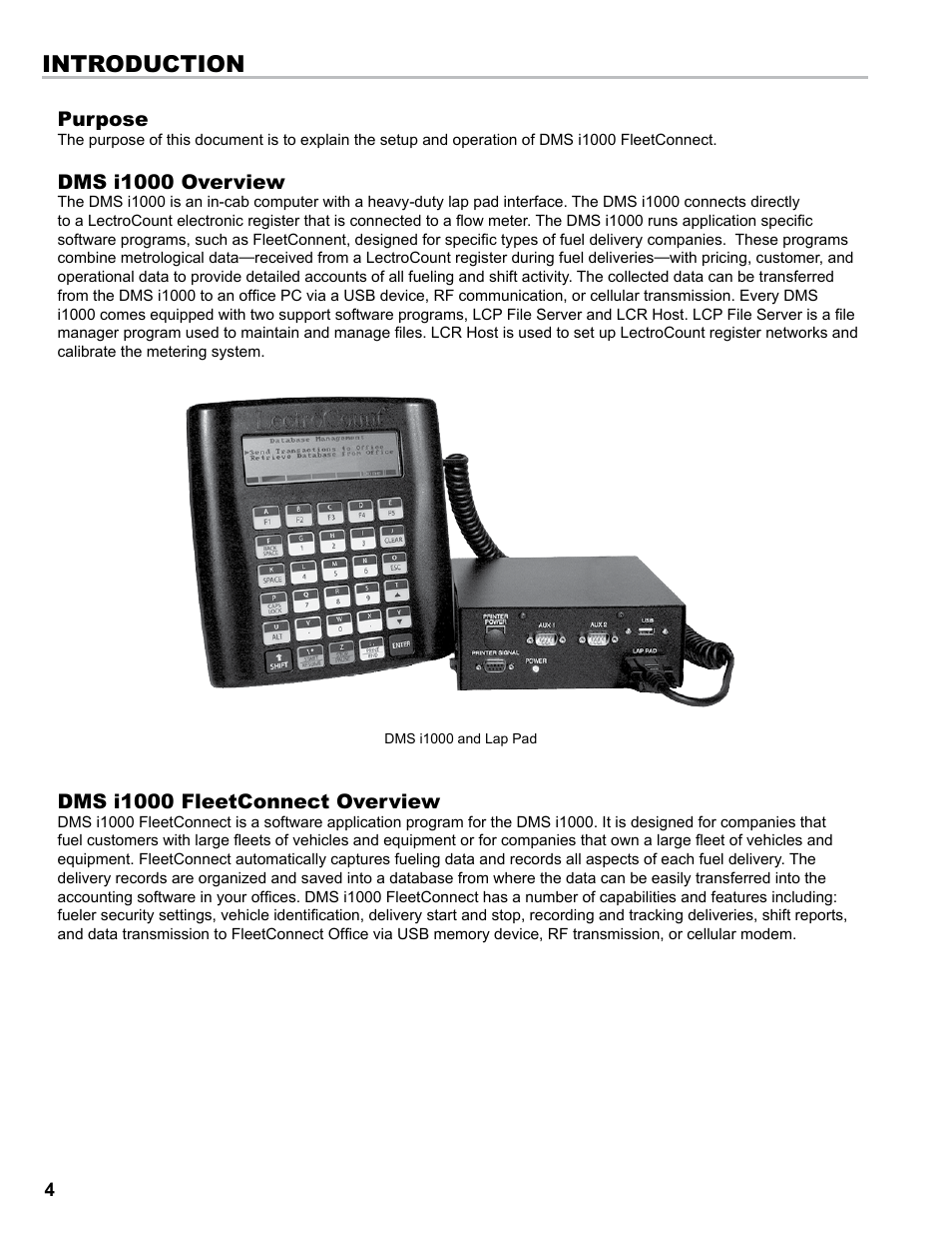 Introduction, Purpose, Dms i1000 overview | Dms i1000 fleetconnect overview | Liquid Controls DMS i1000 EZConnect Operators User Manual | Page 4 / 36