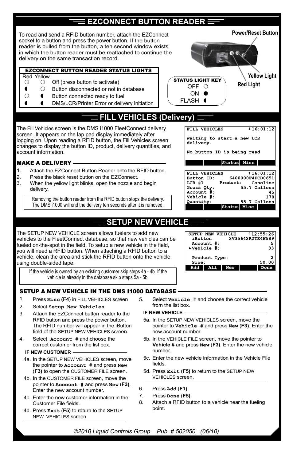 Fill vehicles (delivery) setup new vehicle, Ezconnect button reader | Liquid Controls DMS i1000 Quick Reference - EZConnect User Manual | Page 2 / 2