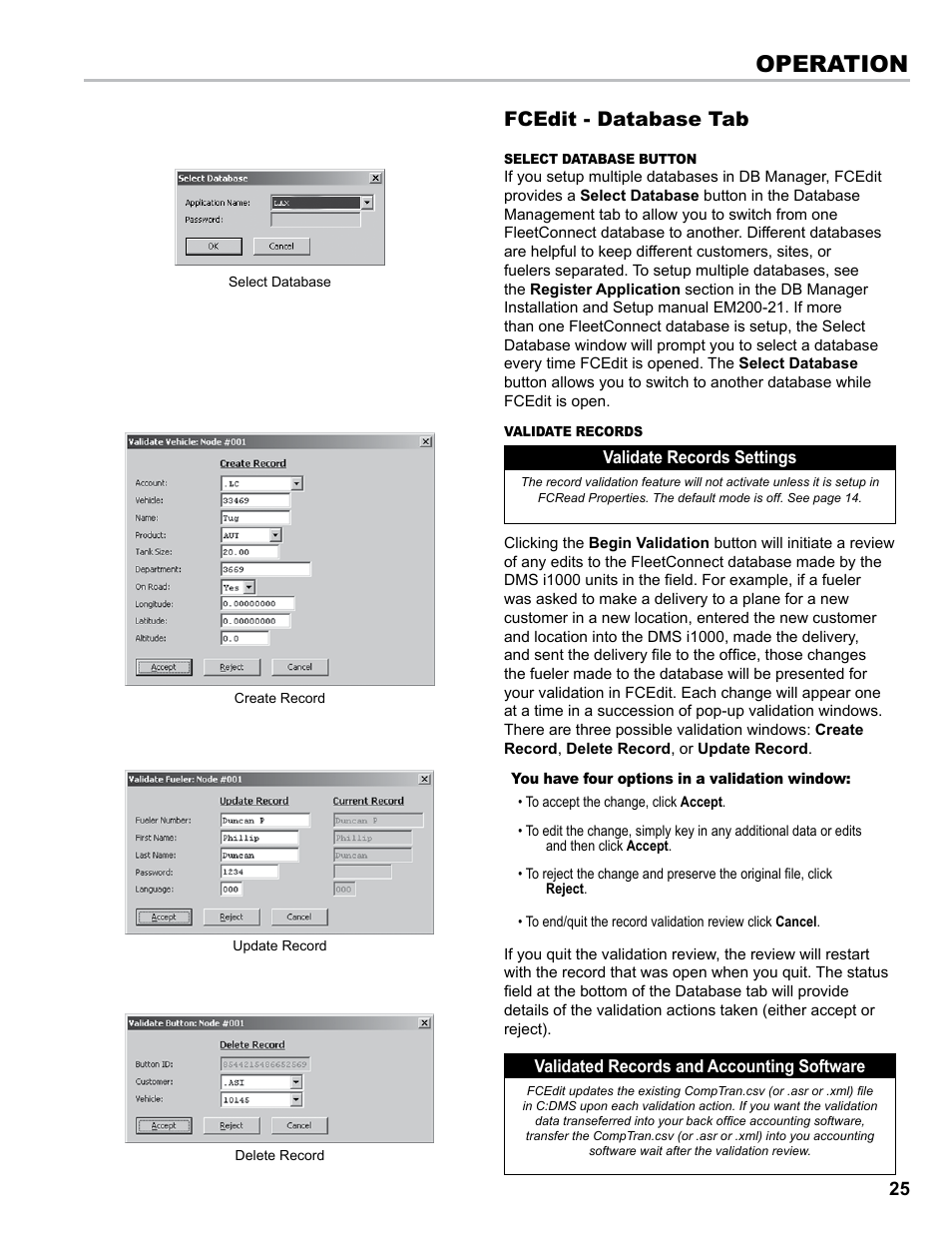 Operation, Fcedit - database tab | Liquid Controls EZConnect Office User Manual | Page 25 / 44