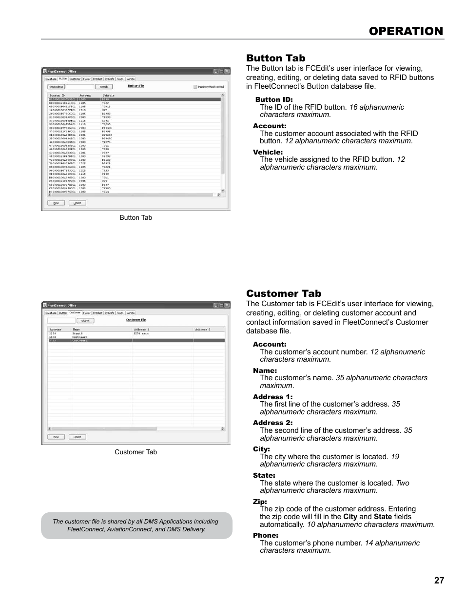 Operation, Button tab, Customer tab | Liquid Controls EZConnect Office User Manual | Page 27 / 44