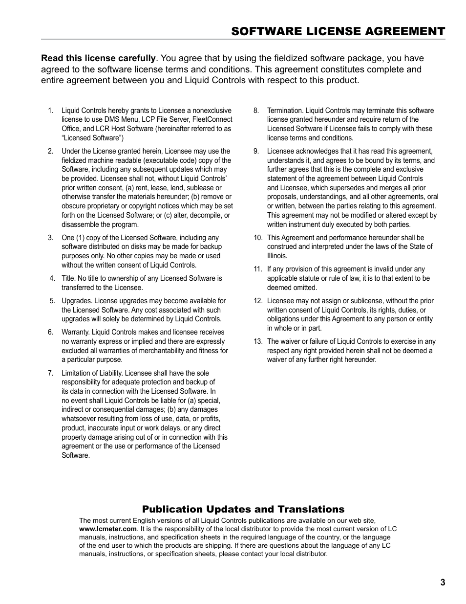 Software license agreement, Publication updates and translations | Liquid Controls EZConnect Office User Manual | Page 3 / 44