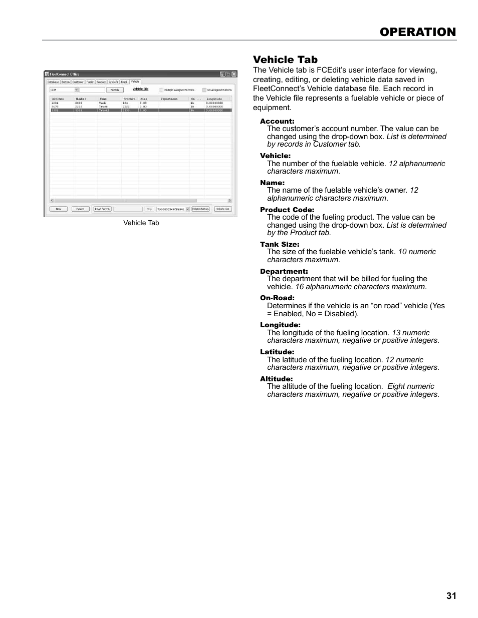 Operation, Vehicle tab | Liquid Controls EZConnect Office User Manual | Page 31 / 44