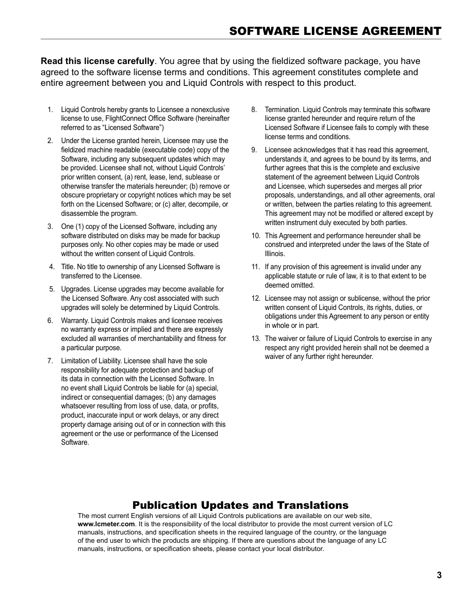 Software license agreement, Publication updates and translations | Liquid Controls FlightConnect Office User Manual | Page 3 / 36