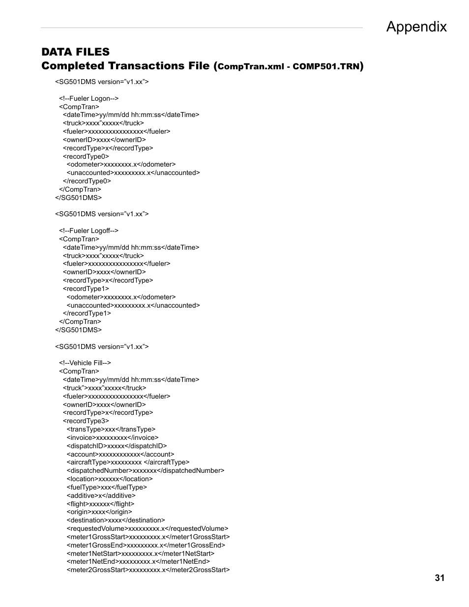 Appendix, Data files, Completed transactions file | Liquid Controls FlightConnect Office User Manual | Page 31 / 36