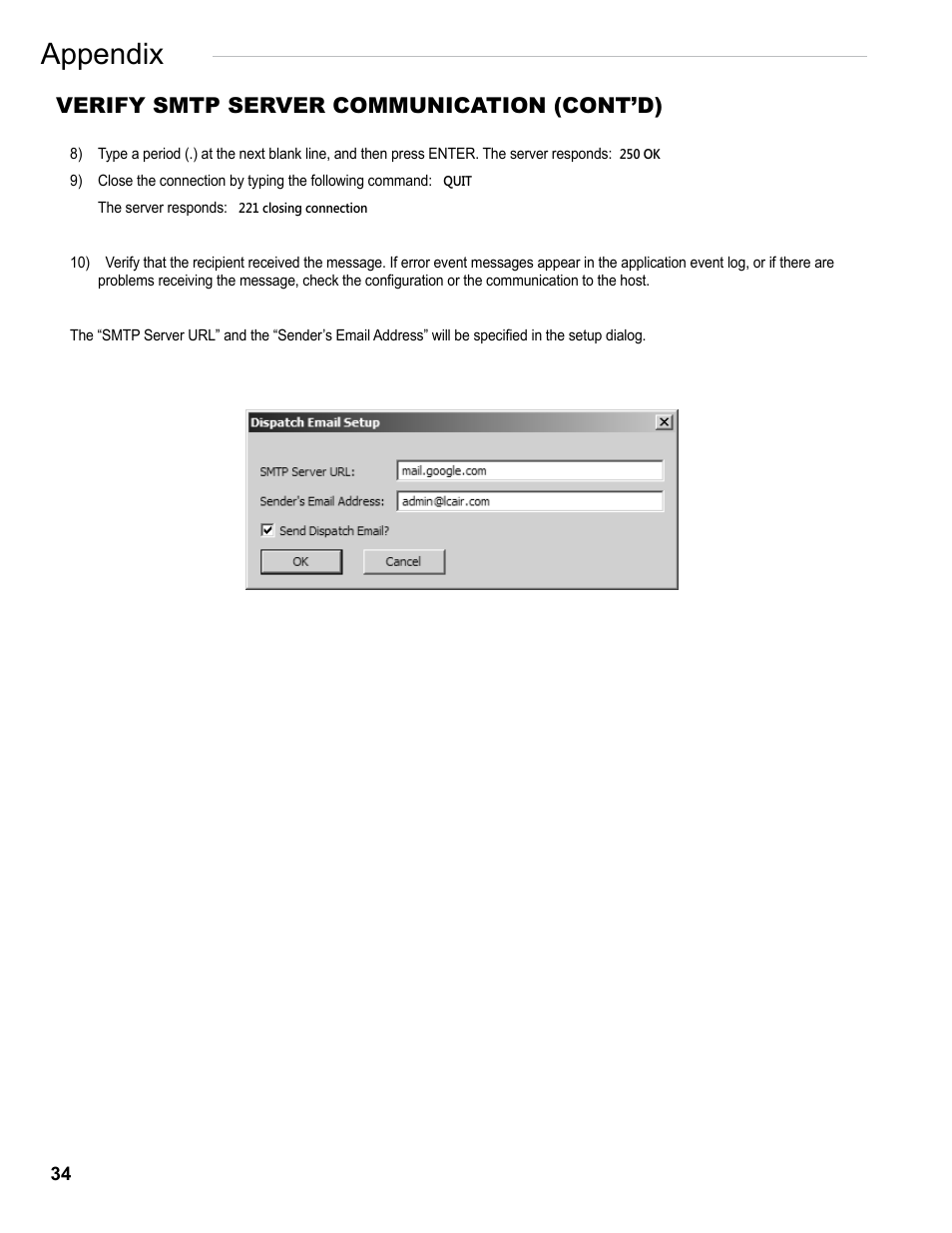 Appendix, Verify smtp server communication (cont’d) | Liquid Controls FlightConnect Office User Manual | Page 34 / 36