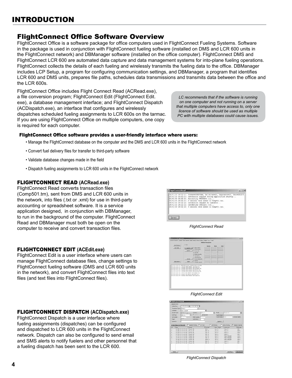 Introduction, Flightconnect office software overview | Liquid Controls FlightConnect Office User Manual | Page 4 / 36