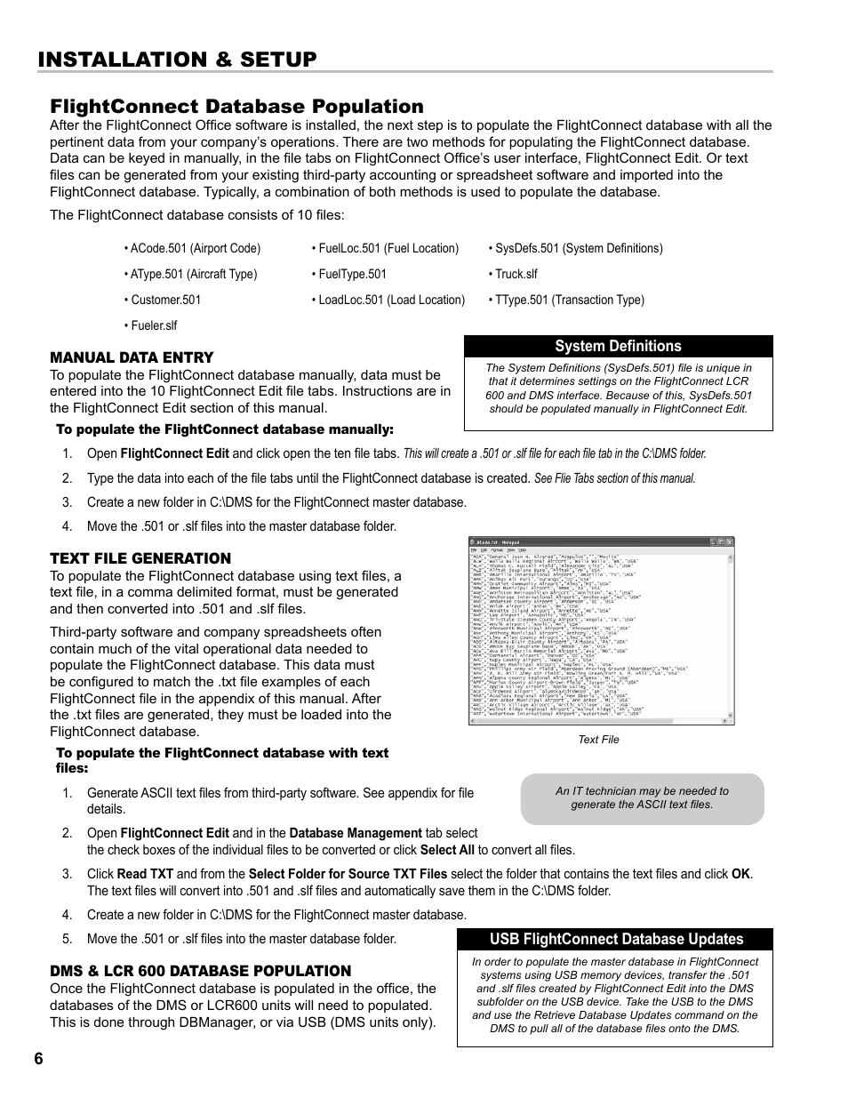 Installation & setup, Flightconnect database population | Liquid Controls FlightConnect Office User Manual | Page 6 / 36