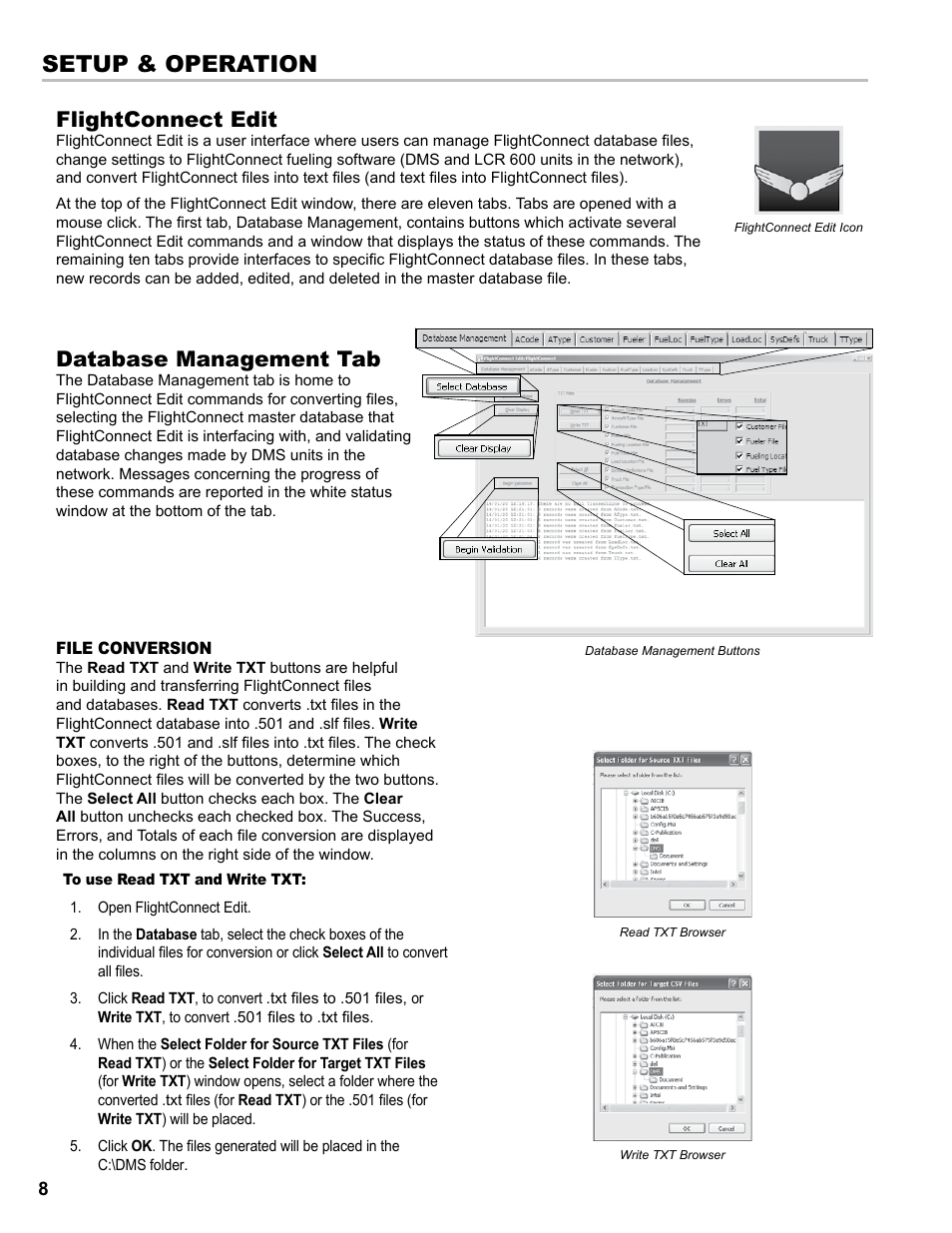 Setup & operation, Flightconnect edit, Database management tab | Liquid Controls FlightConnect Office User Manual | Page 8 / 36